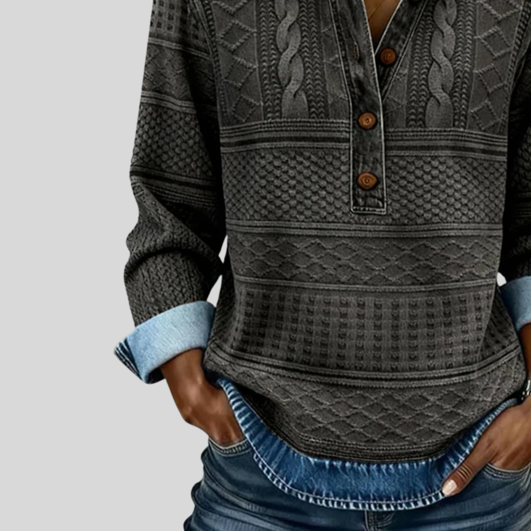 Velmora™ - Textured Knit Button-Collar Top