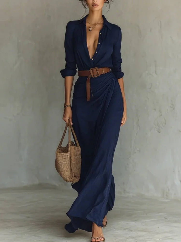 Uma | Women's Wrap V-Neck Maxi Dress with Lapel Collar