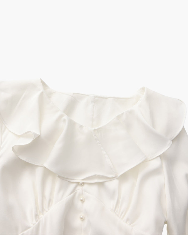 Pearl Button Ruffle Midi Dress