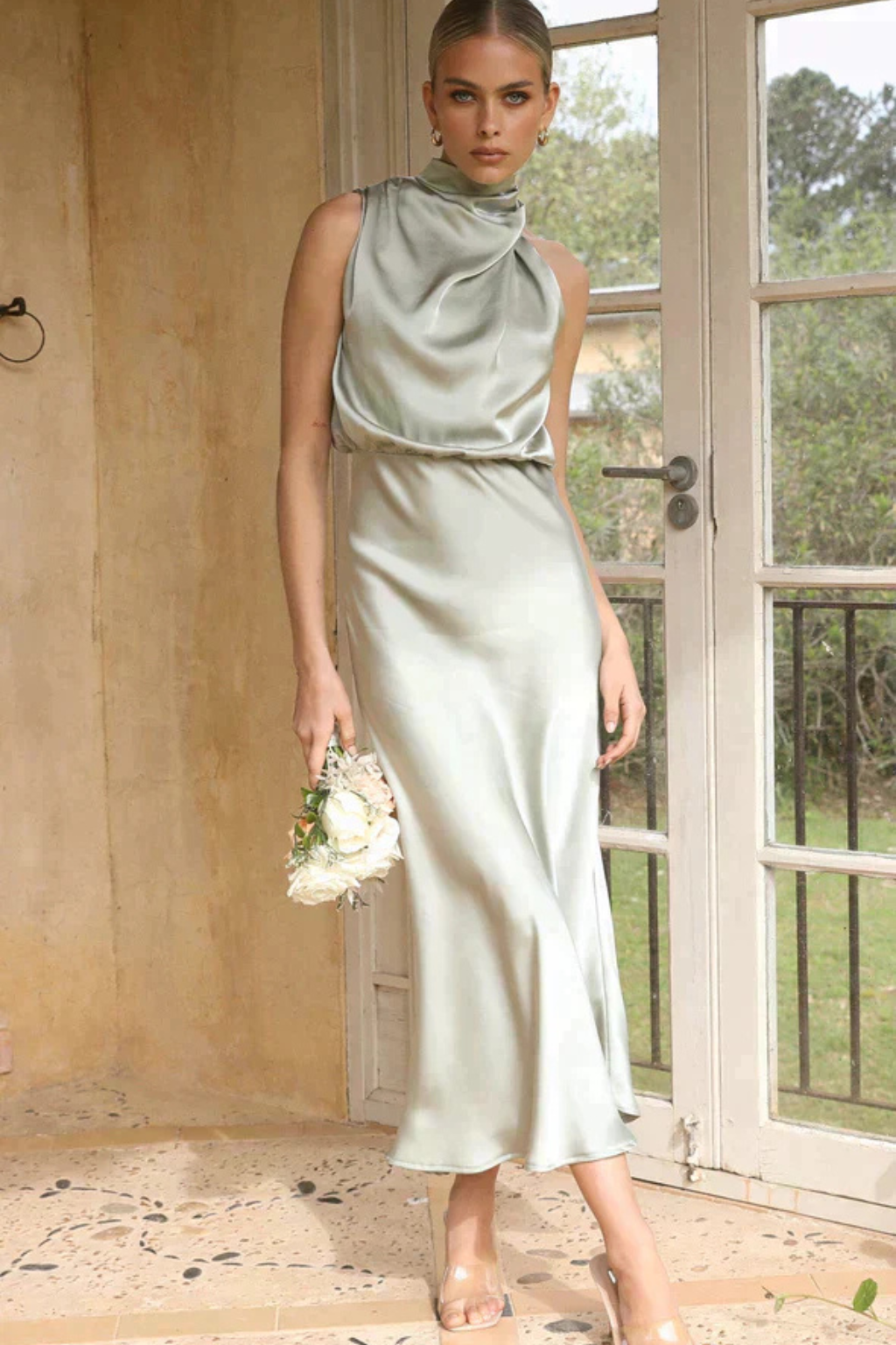 Amelia | Women's Satin Halter Neck Midi Dress