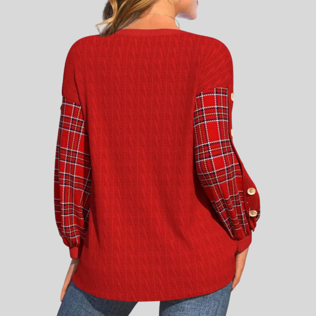 Ida | Red Knit with Checked Sleeves
